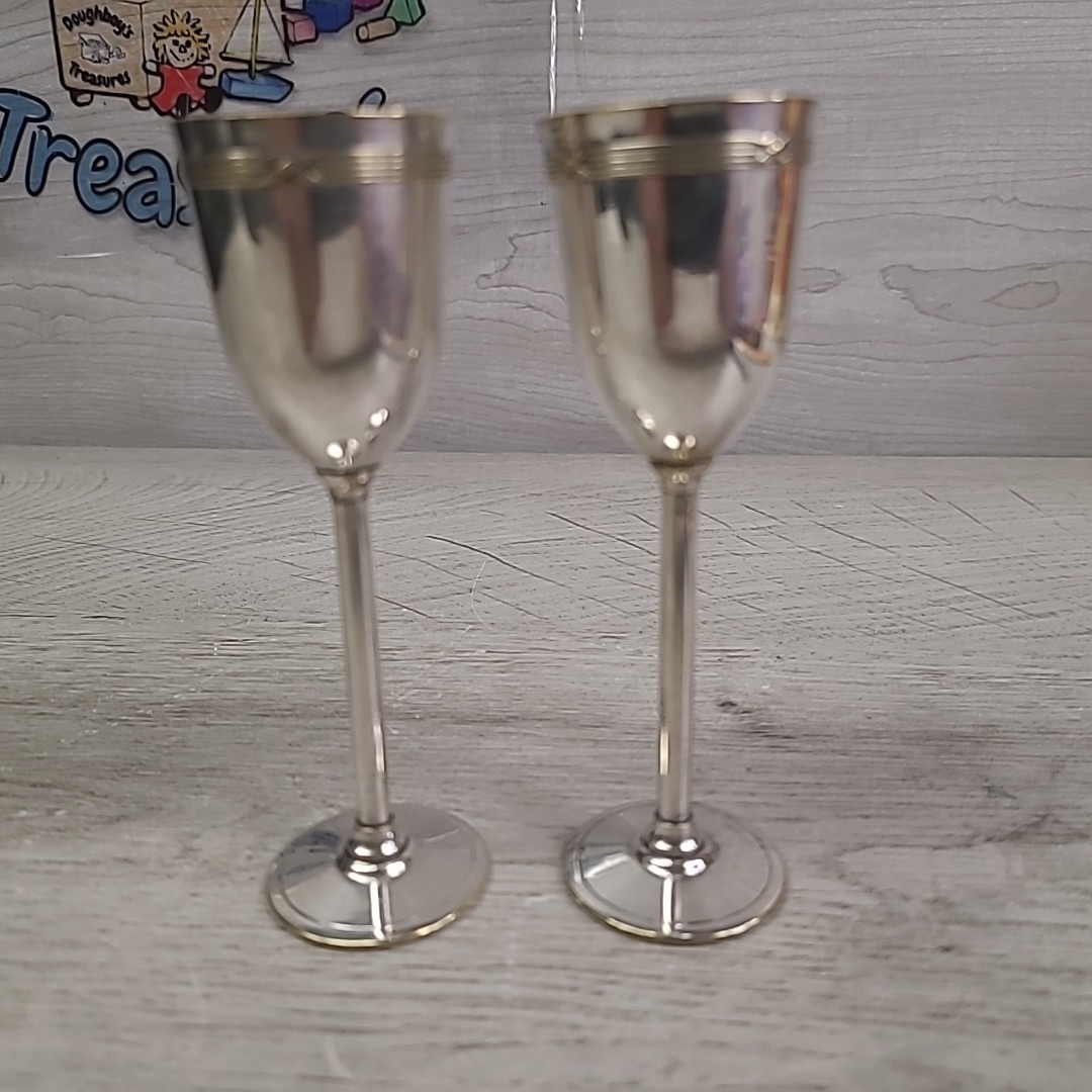 Silver Plated Cordial Goblet Set of 2 / Marked “Minerva” 1 Oz Shot 4.25″