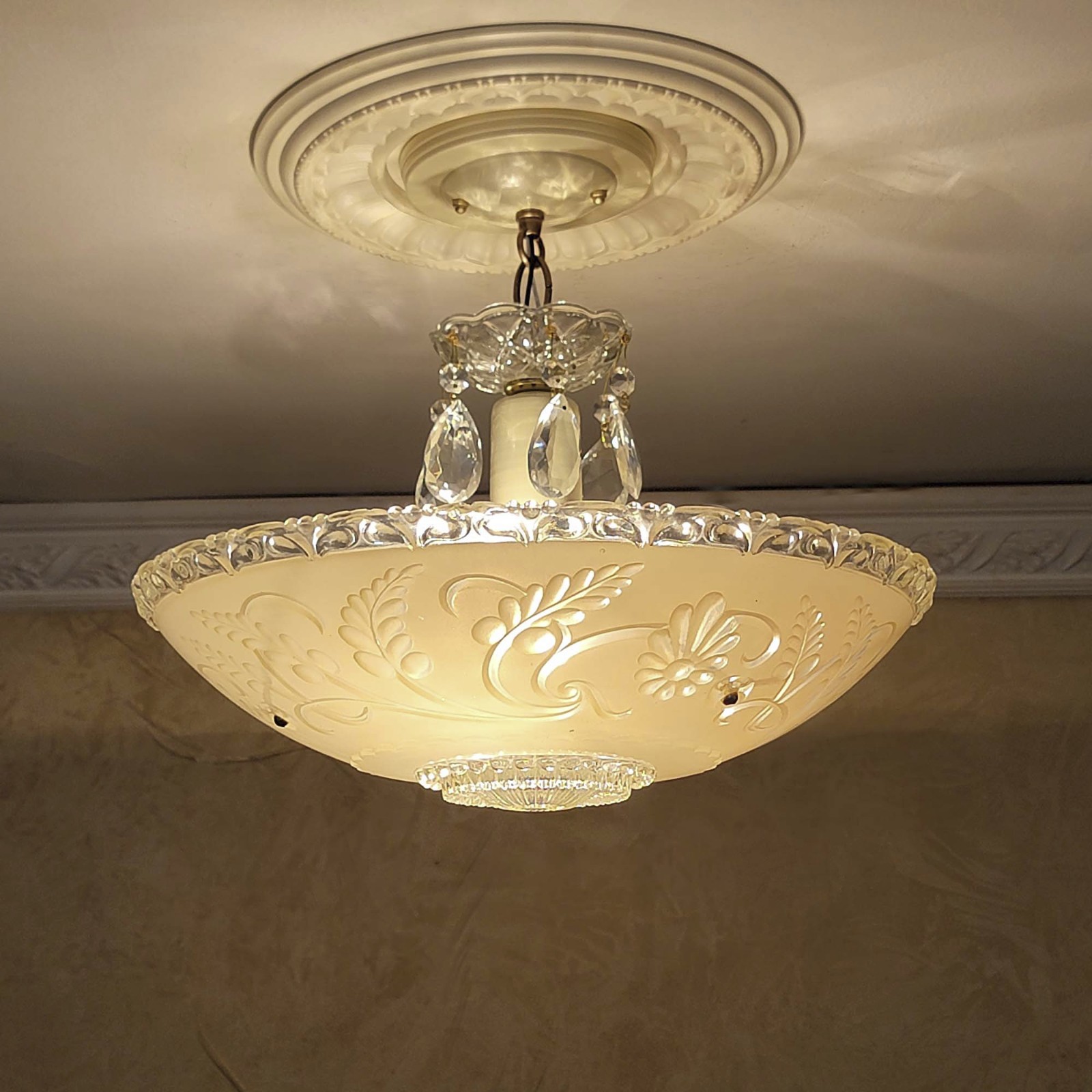938c Antique Vintage 40’s Ceiling Light Lamp Fixture Glass Shade