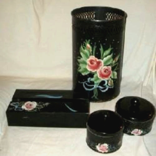 Cottagecore Black Tole Trash Can Vanity Set Ransburg HP Roses Bows 4 Piece Bath