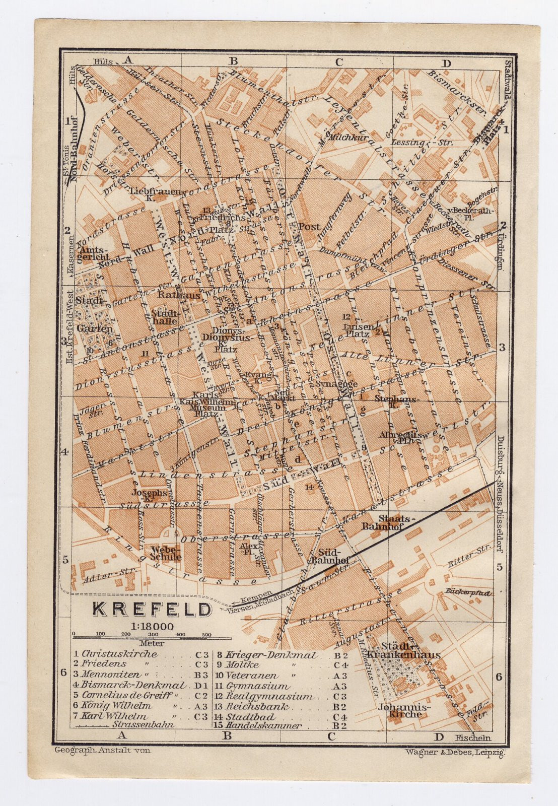 1911 ORIGINAL ANTIQUE MAP OF KREFELD / NORTH RHINE-WESTPHALIA / GERMANY