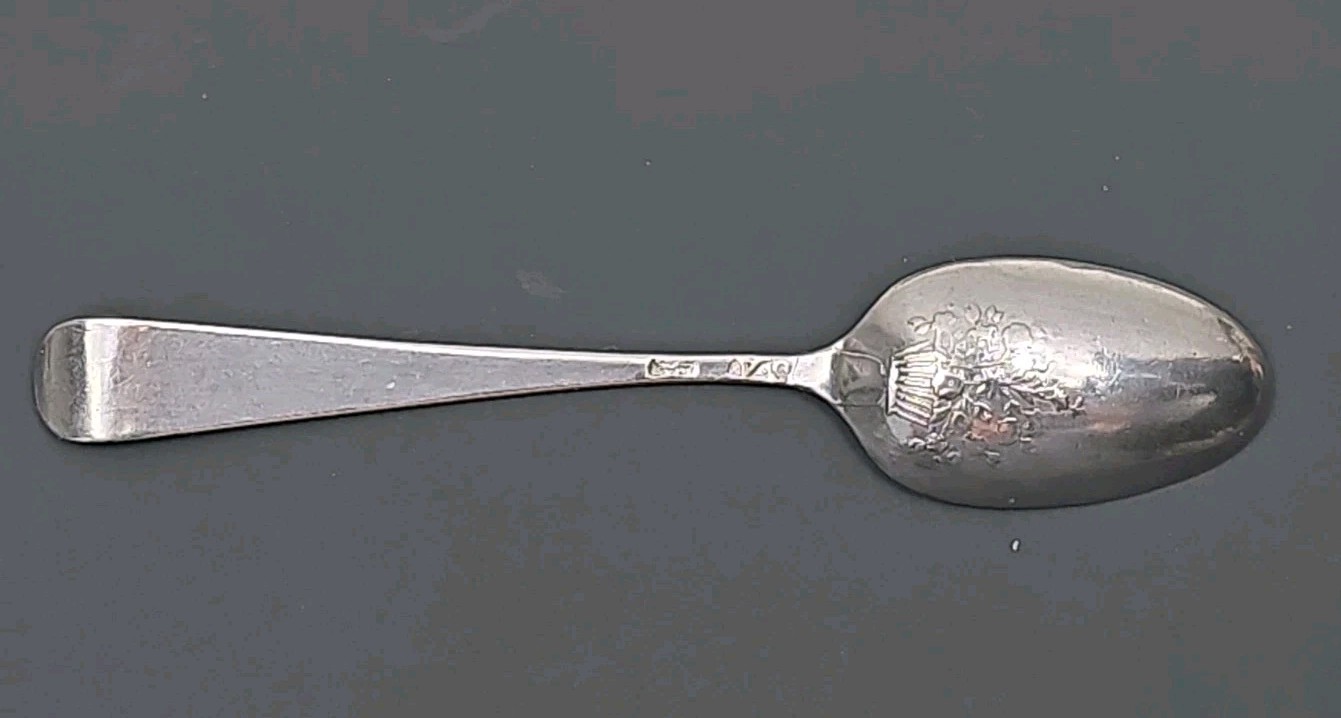 Rare George II 1756 Sterling Silver “Picture-Back” Spoon–Crisp Basket of Flowers
