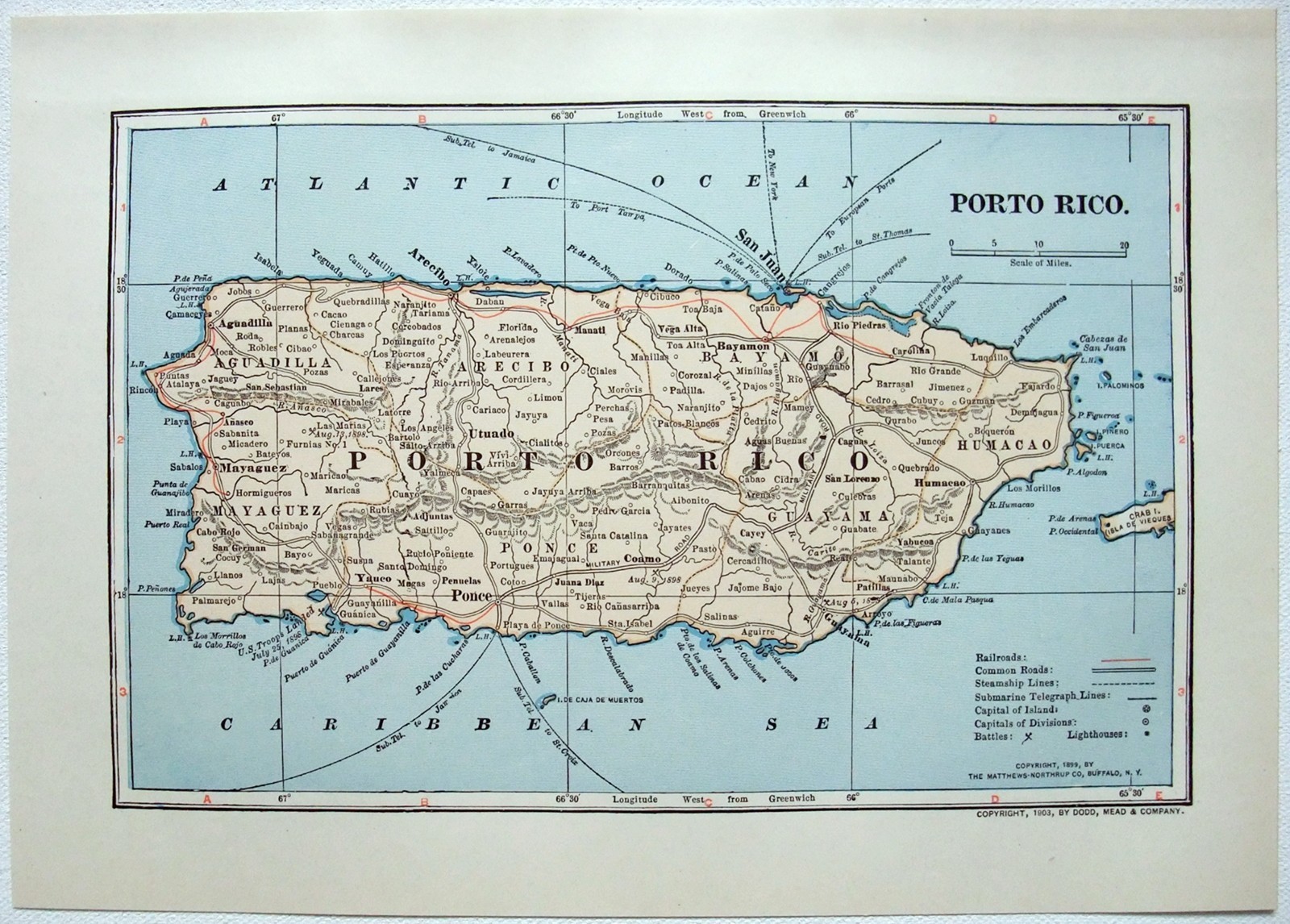 Porto Rico – Original 1910 Dated Map by Dodd Mead & Company. Puerto Rico Antique