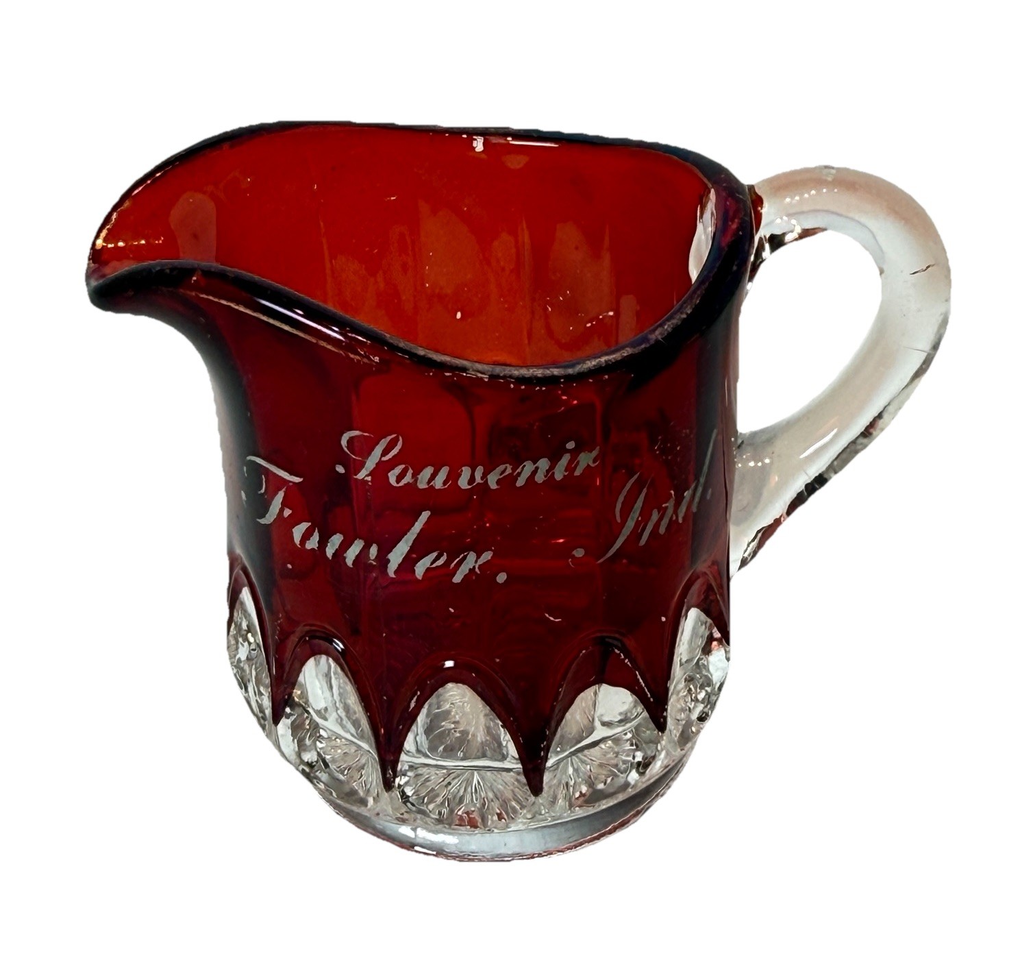 FOWLER, INDIANA IN Antique Ruby Red Flash Souvenir Glass CUT GLASS CREAMER