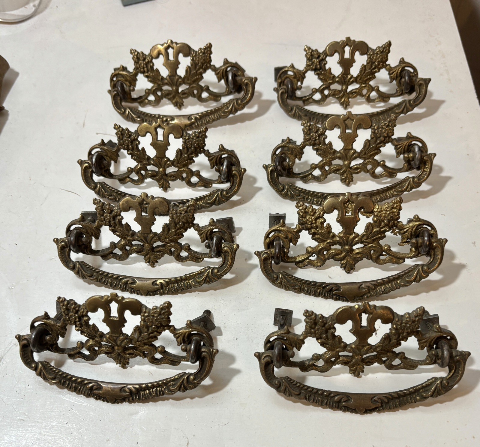 set of 8 Antique Brass Drop Handle Flora decorated Drawer Pulls Furniture