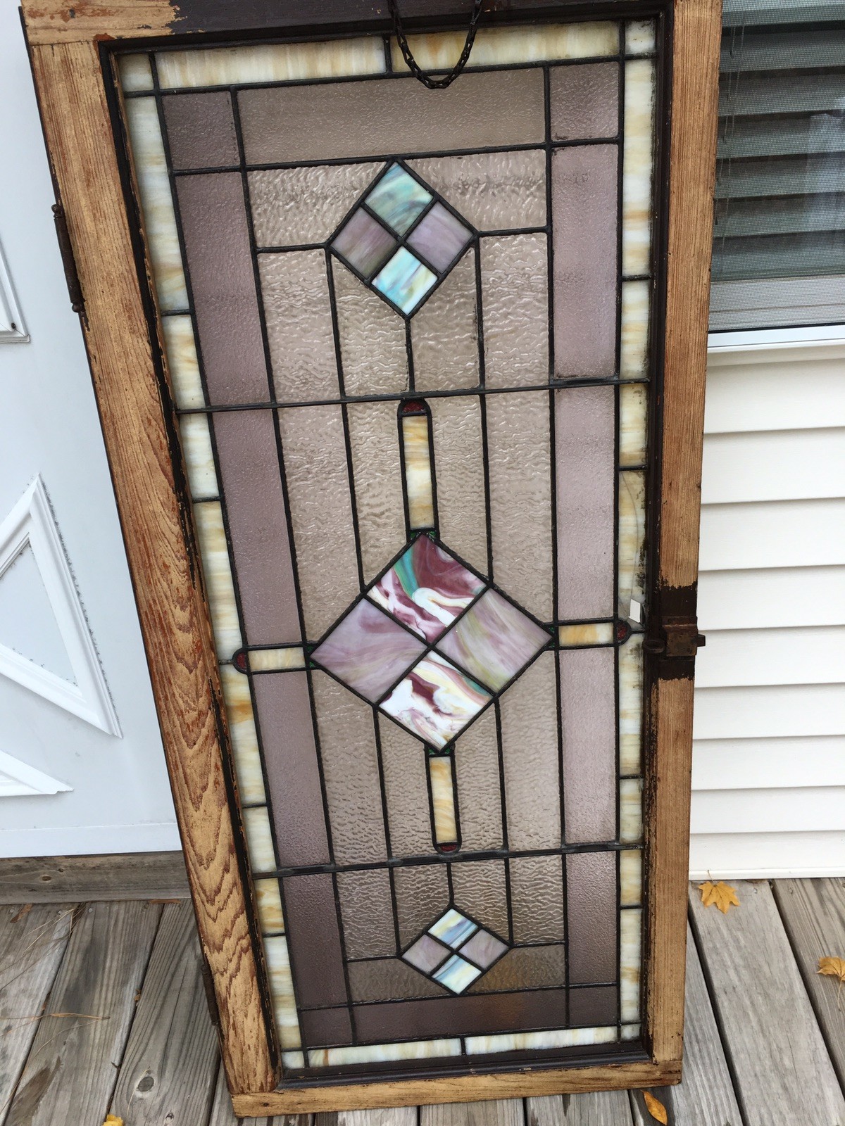 ORIGINAL VINTAGE LEADED STAINED GLASS TRANSOM WINDOW 53 X 25 IN. PICK UP ONLY