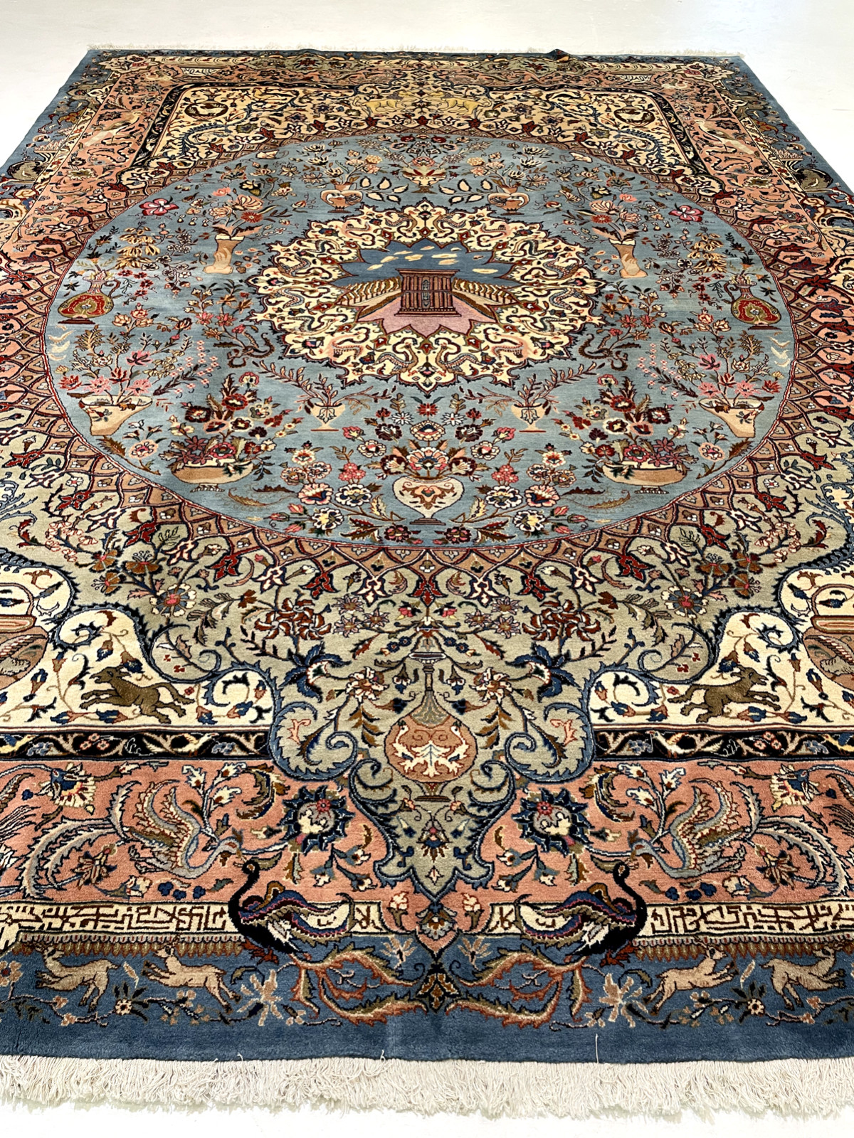 Antique Oriental Hand-Knotted Wool Area Rug Blue/Green/Salmon/Ivory 9’7″ x 13’1″