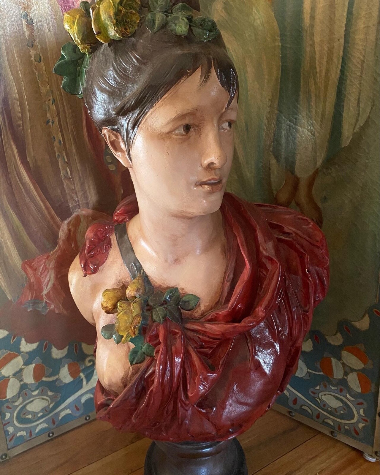 ANTIQUE ART NOUVEAU LADY CHALKWARE PLASTER STATUE BUST ORIGINAL PAINT