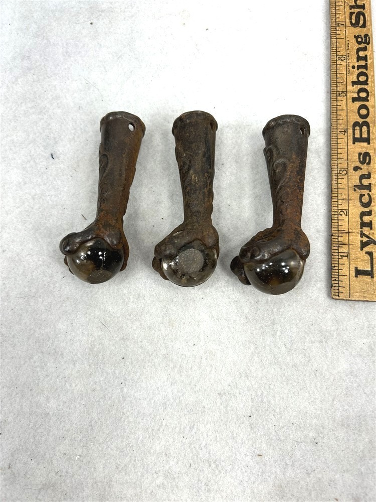 antique iron ball/claw with glass table leg enders Victorian 3 pc 4 in original