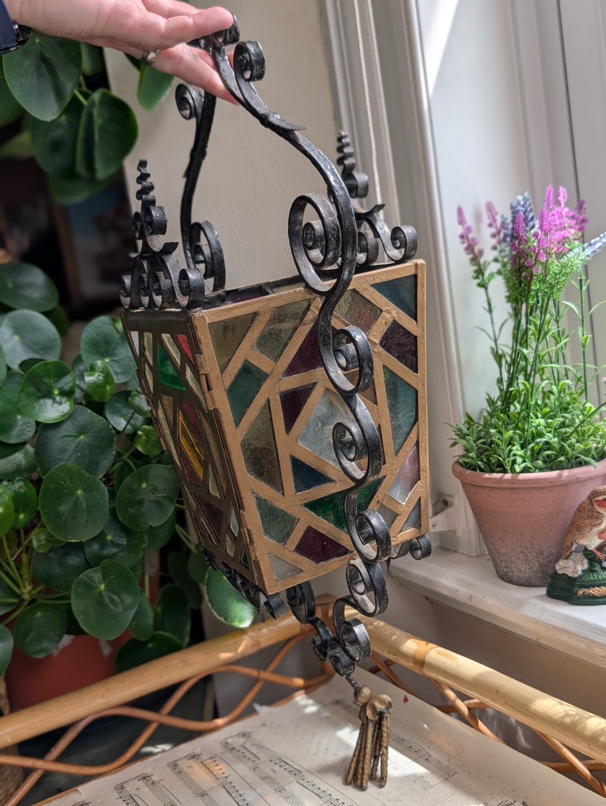 Antique Wrought Iron Lantern Stained Glass Hanging Light Lamp Porch Ornate