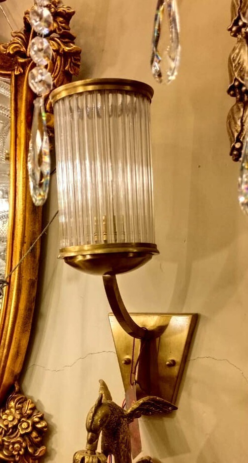 Vintage Art Deco Brass Wall Light Glass Rod Sconce Lamp Fixture Nautical Decor
