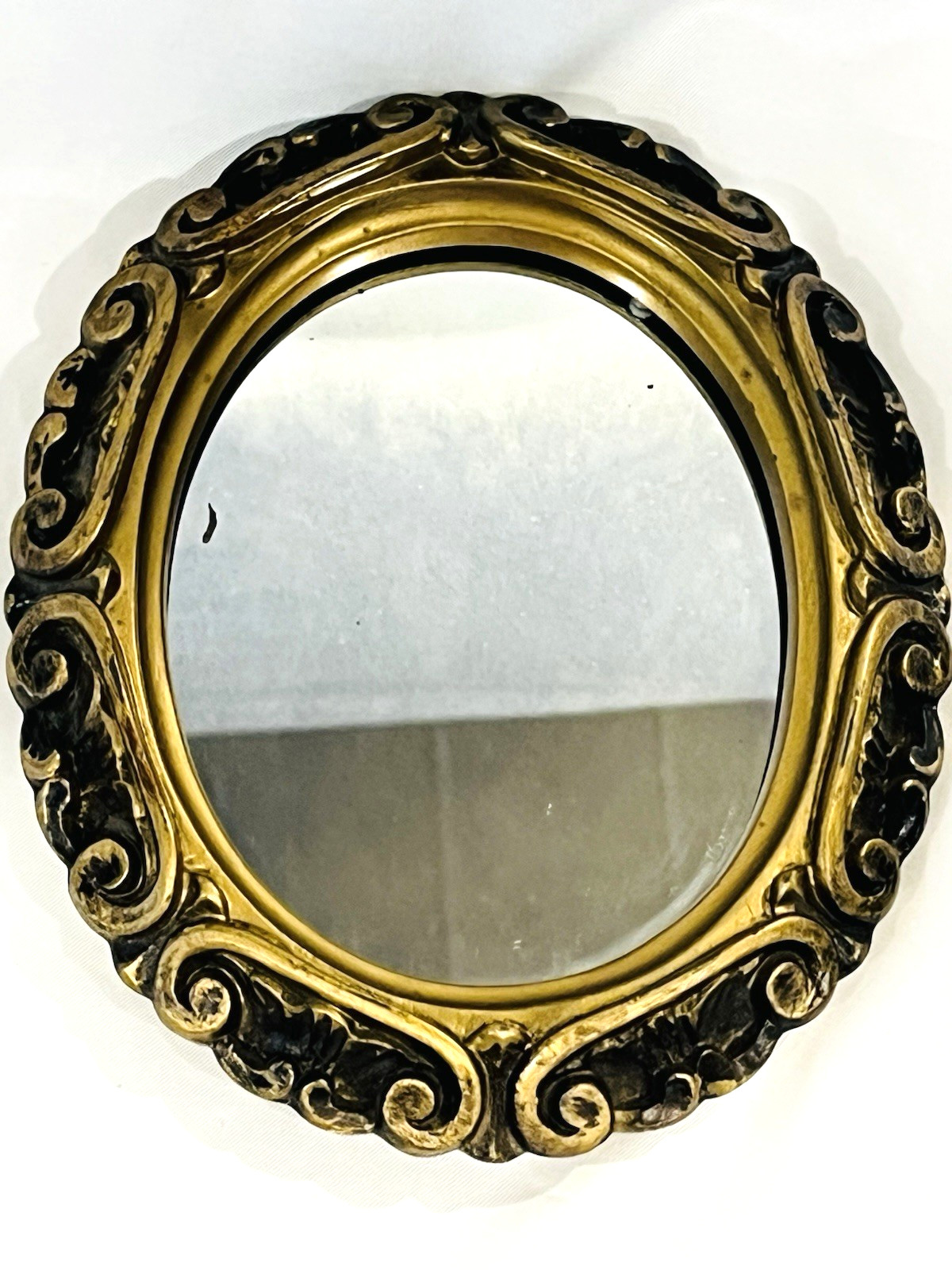 VTG Ornate Wooden Accent Small Oval Wall Mirror Distressed Gold & Black 6.25″