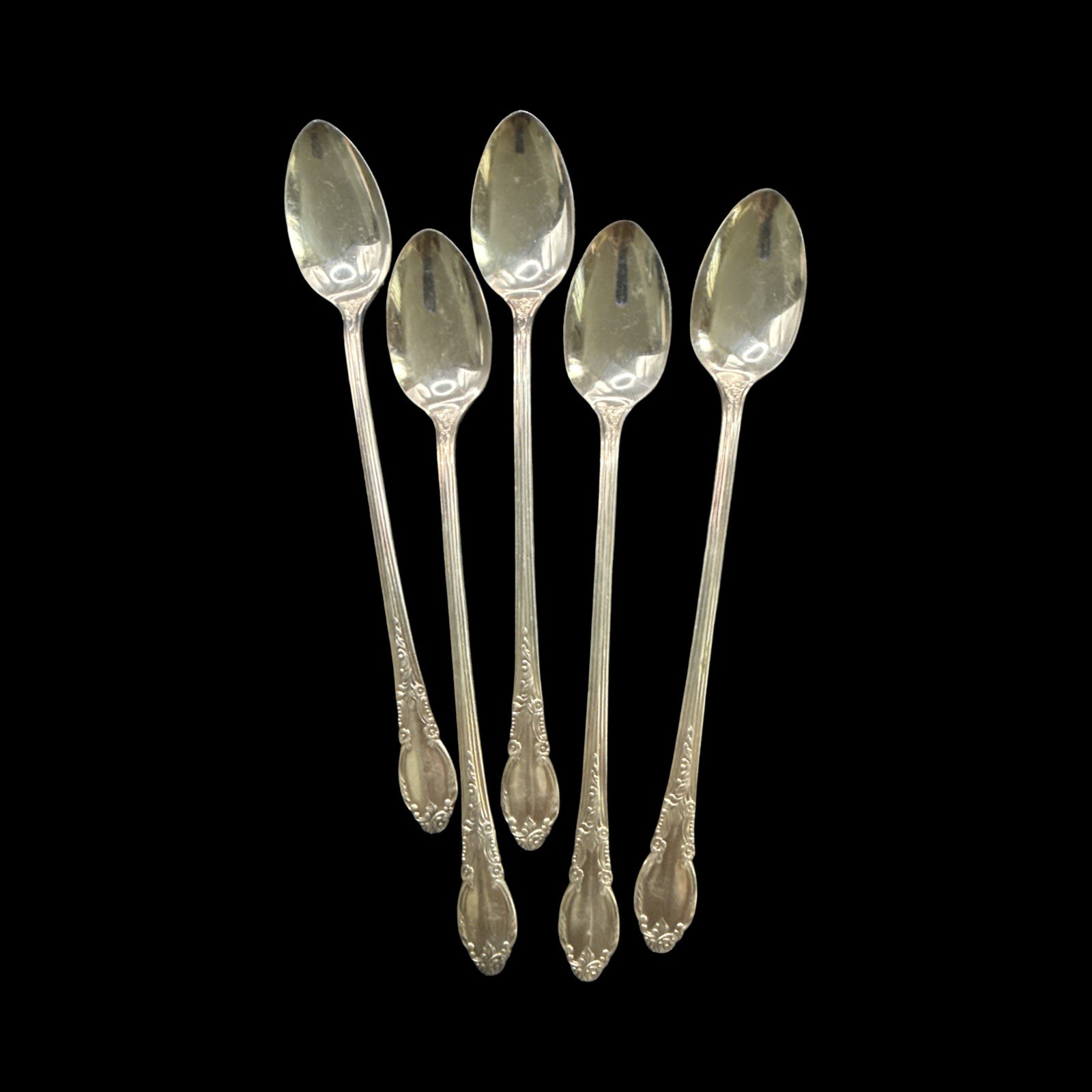 (5) 1881 Rogers By Oneida Silverplate Enchantment Iced Tea Spoons 7 1/2”