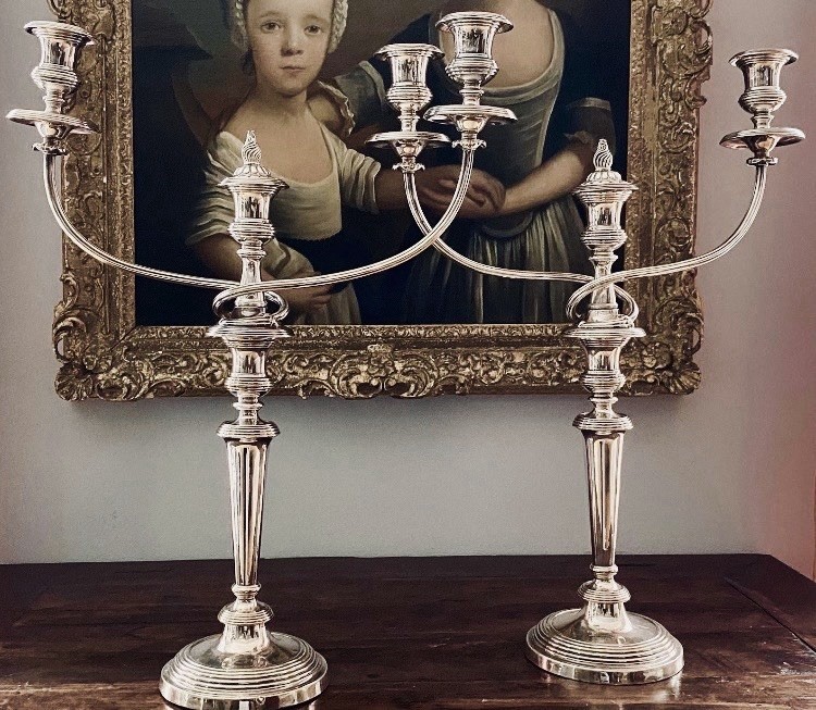 Antique George III Old Sheffield Plate Candelabra Pair 22.5” c.1810