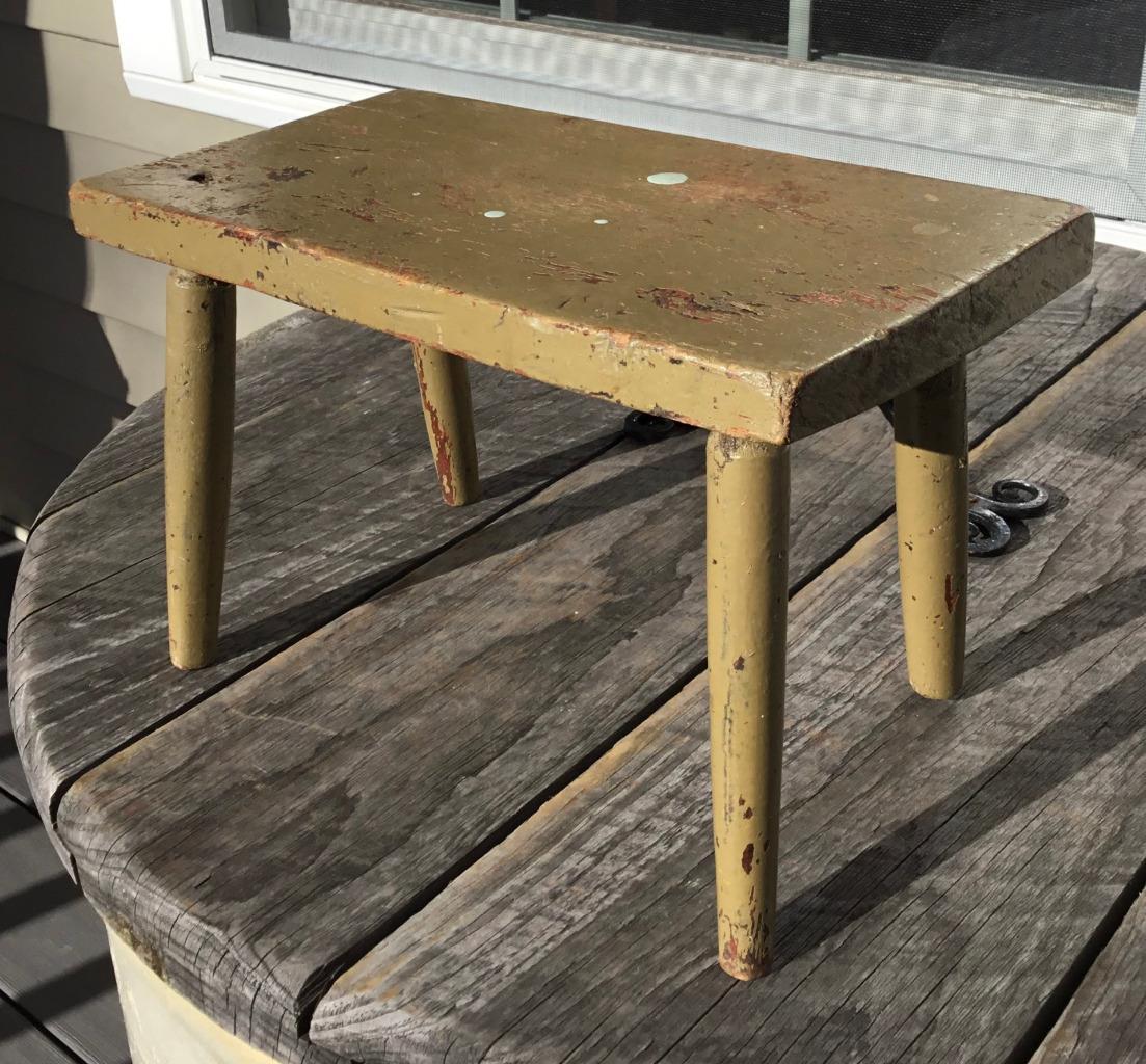 Antique Worn Olive Green Wooden Cricket Foot Stool Bench Foot Rest Turned Legs