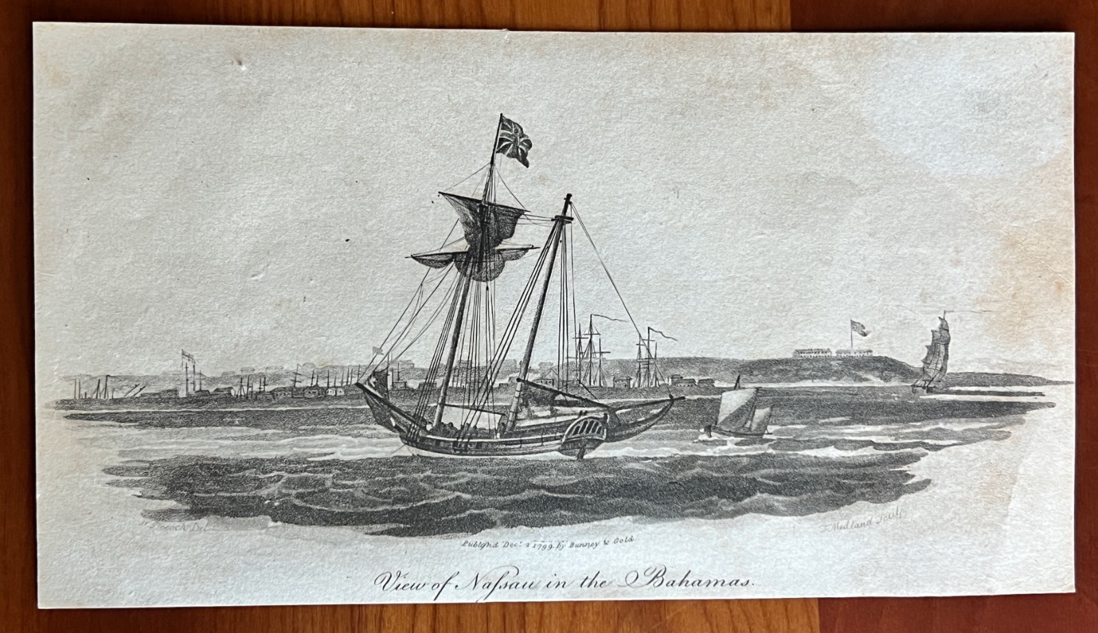 1799 View of Nassau Bahamas Aquatint Pocock Medland Naval Chronicle Print