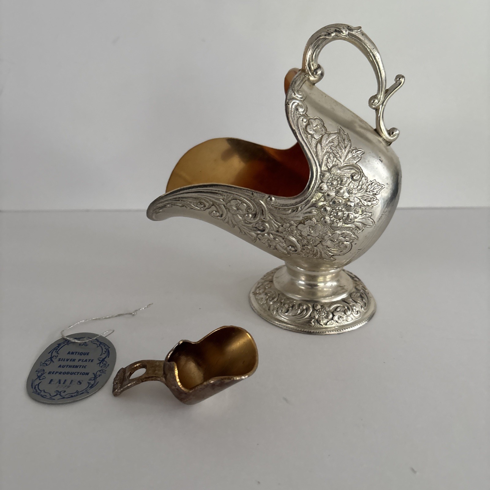 Antique Vintage Silver Plated Sugar Scuttle Scoop -Decorated With Flowers