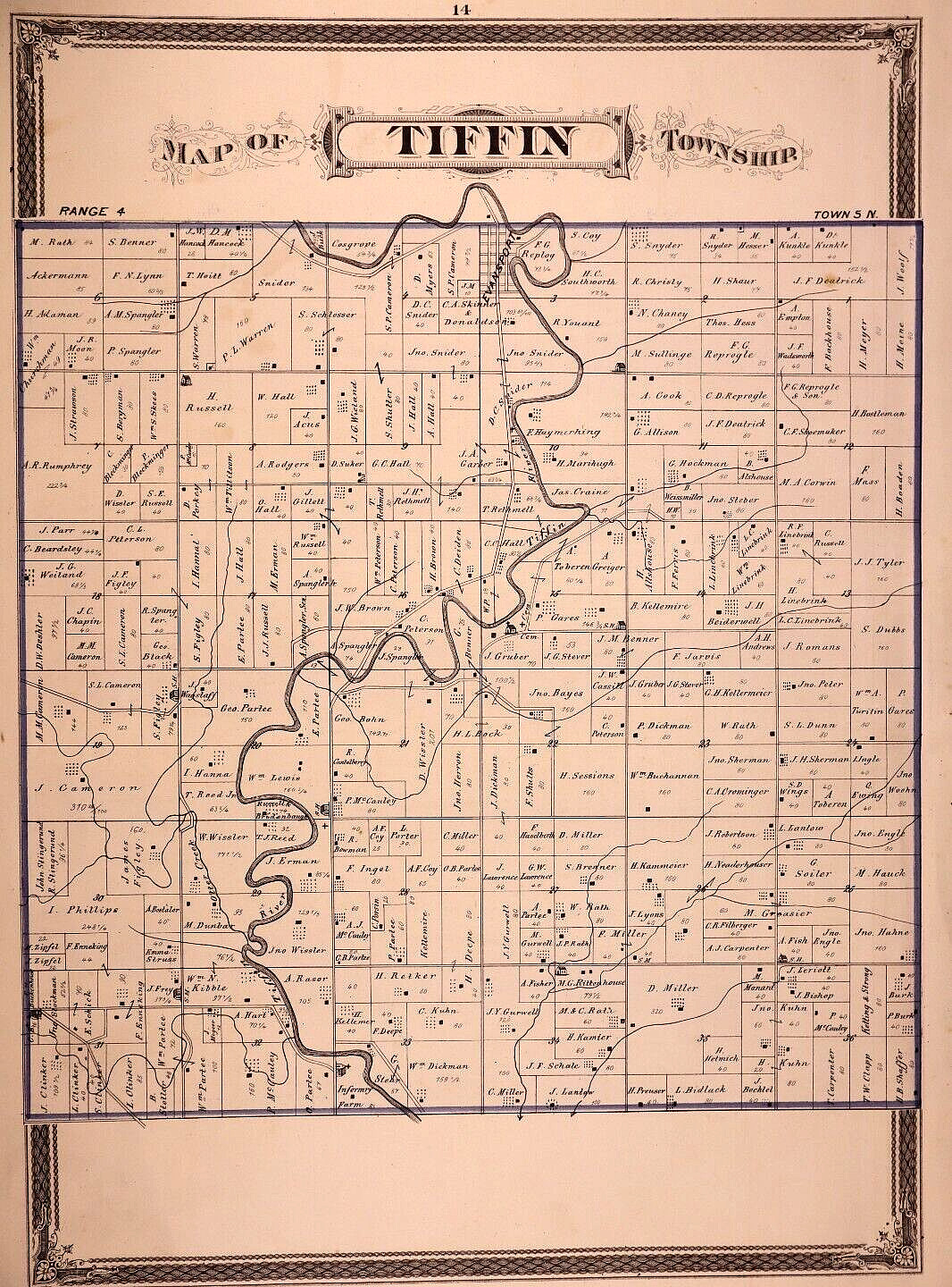 1876 Plat Map ~ TIFFIN Township, DEFIANCE County, OHIO ~ (19×14)-#010