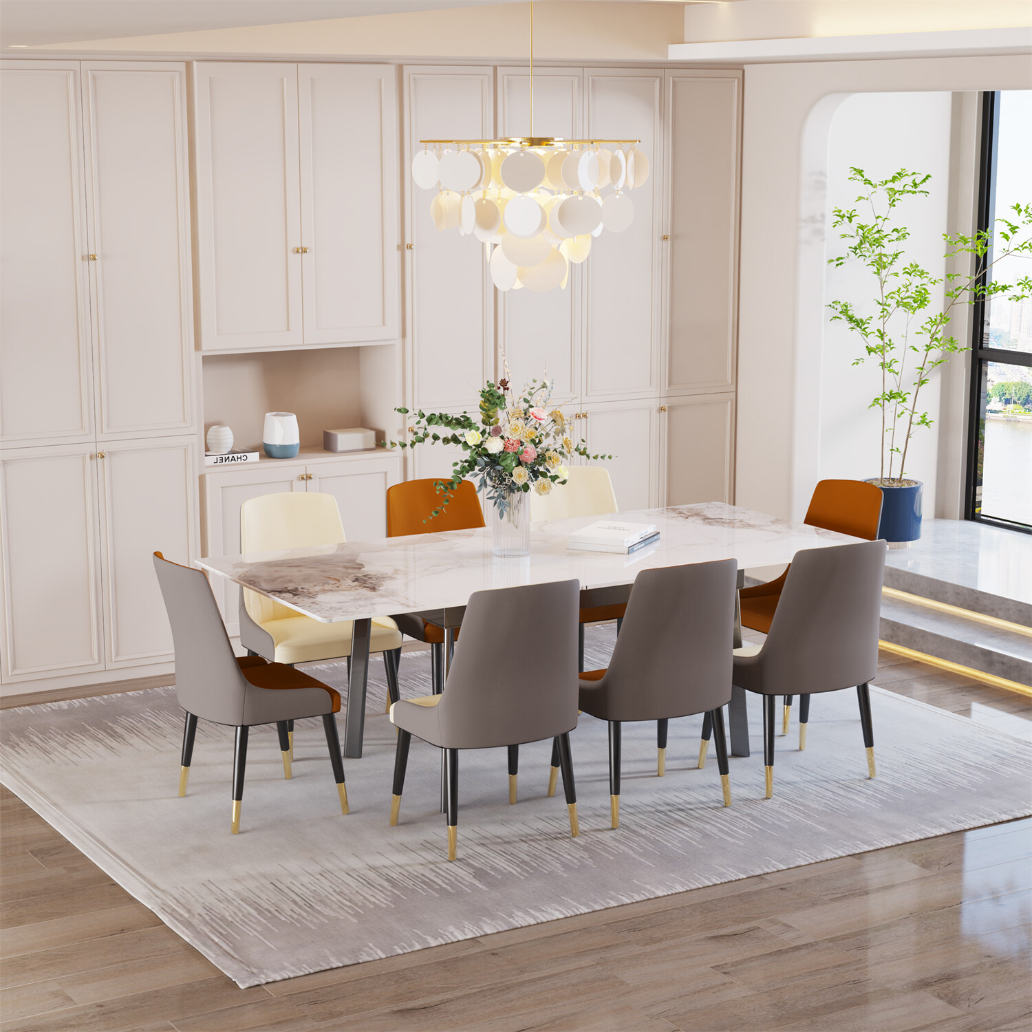Extensible Dining Set Marble Table & Leather Chair Home Kitchen Modern Furniture