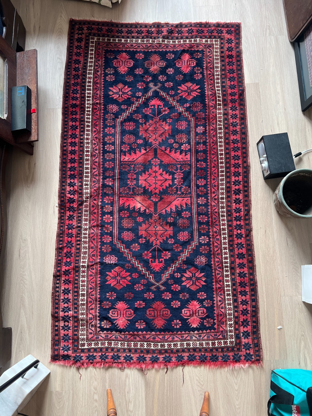 Antique Handwoven Blue and Red Turkish Yagcibedir Rug approx 42″ x 78″