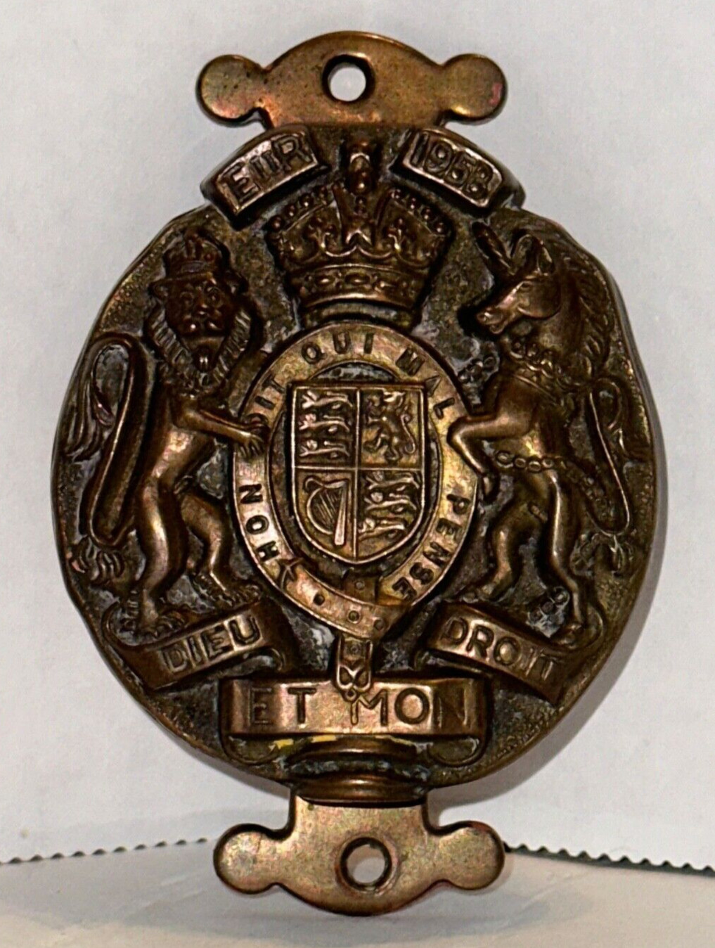 1953 Dieu et Mon Droit Queen Elizabeth II Coronation Small Brass Door Knocker
