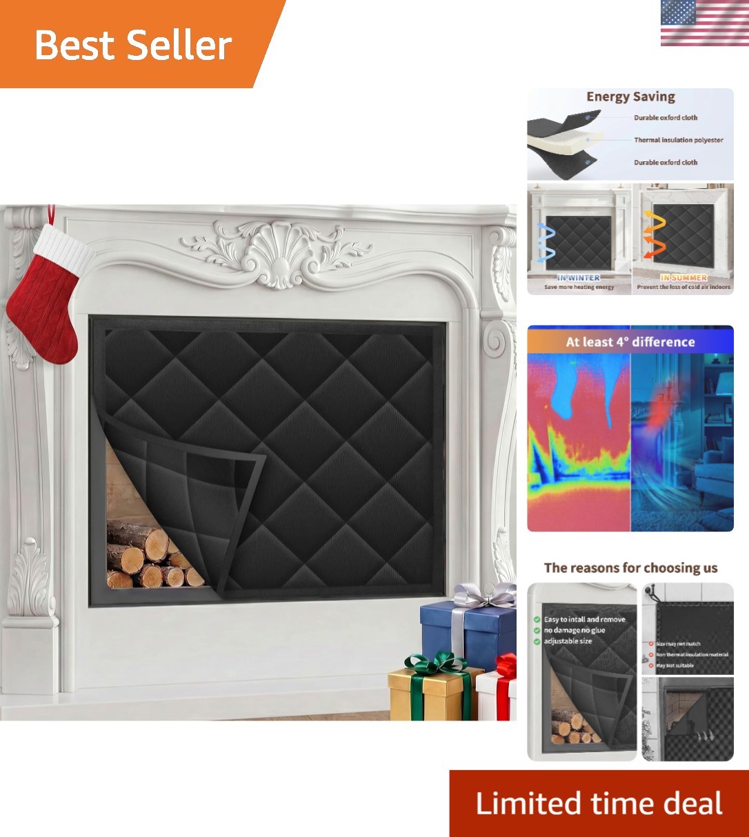 Energy-Efficient Magnetic Fireplace Cover – 39×32 Draft Stopper with 12 Magnets