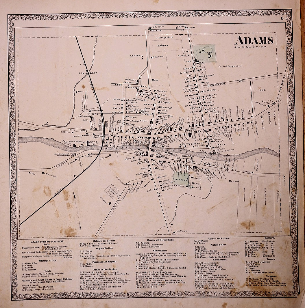 Rare Antique 1864 Plat Map ~ Adams, Jefferson County, New York by D. G. Beers