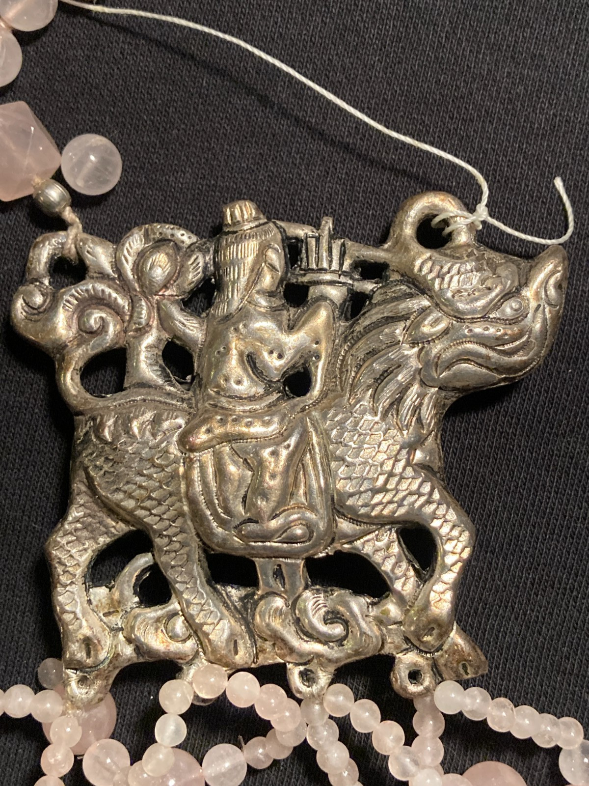 Vintage Foo Dog Chinese Silver Pendant Necklace with Pink stone or glass beads
