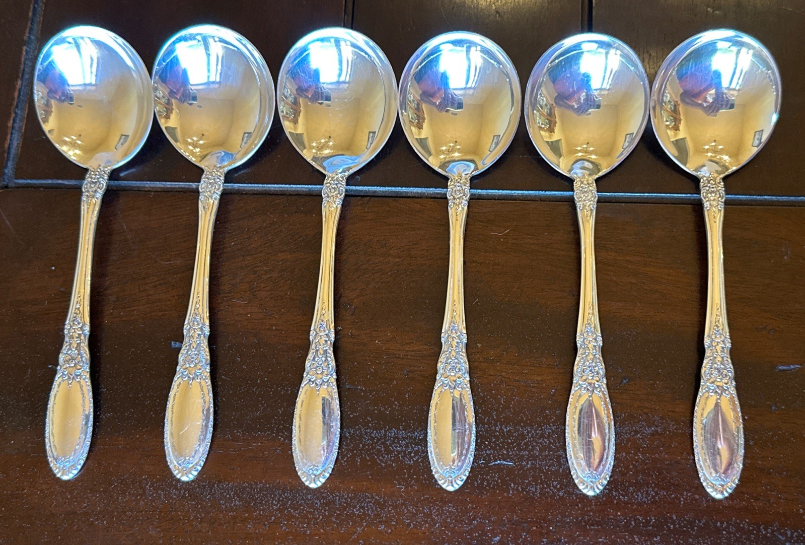 Towle Sterling Silver Old Mirror 6 Cream Soup Spoons 6 1/4” No Mono (186 Grams)
