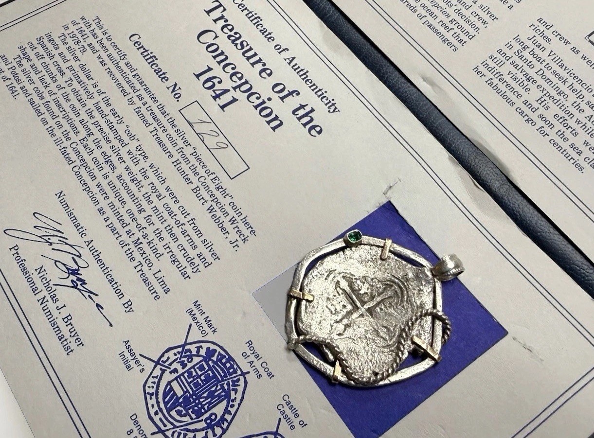 Authentic Concepcion Shipwreck 8-Reales Spanish Silver Cob Coin in Bezel w/ COA