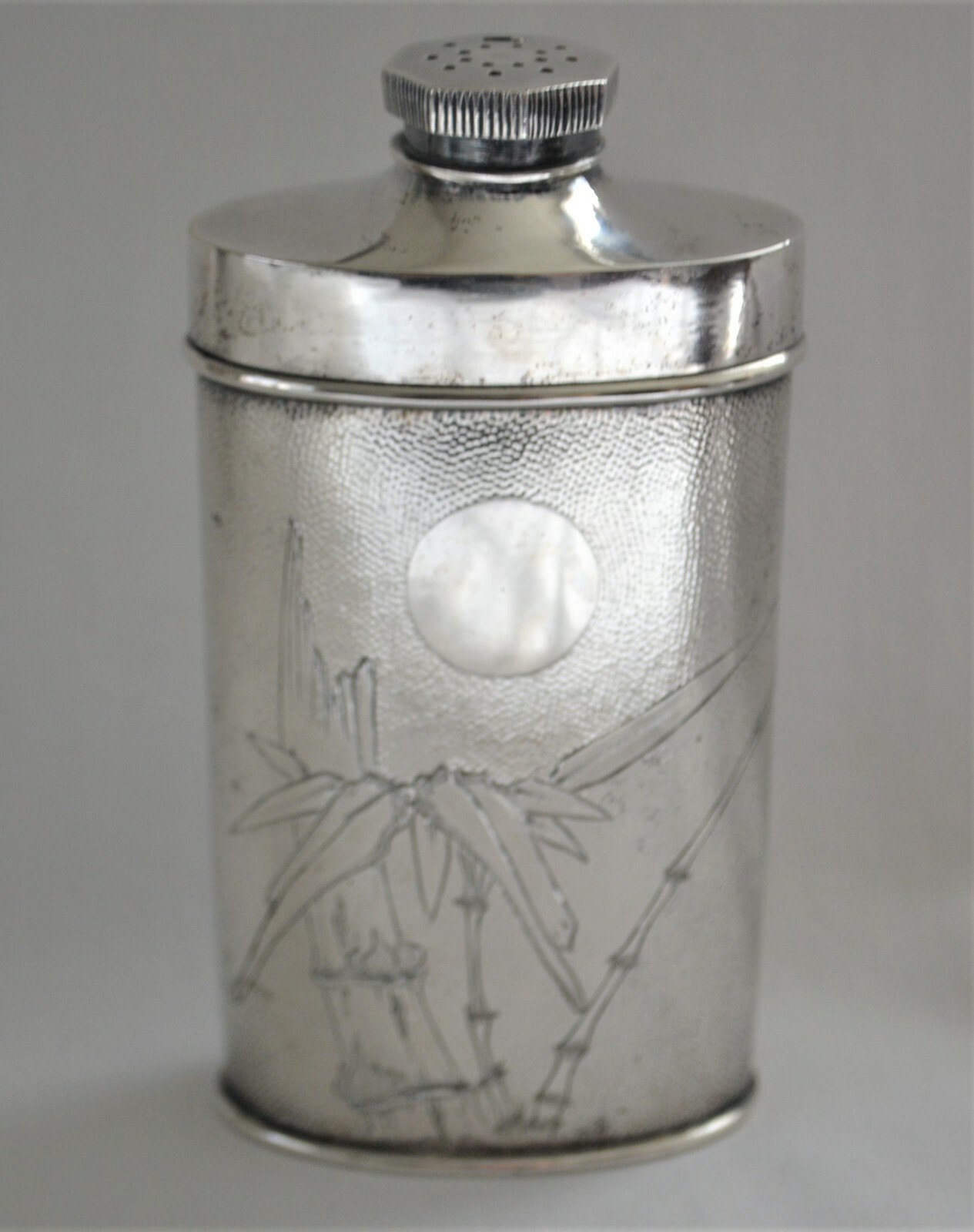 Antique Chinese Sterling Silver Bamboo Motif Talc Power Container