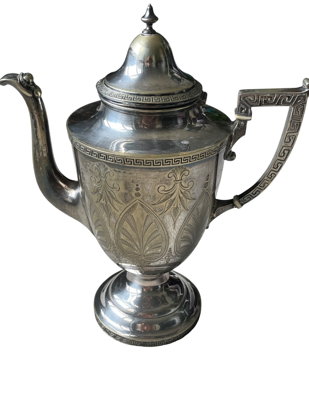 Antique Silver Plated Coffee/Tea Pot – Greek Key Border, Ornate Etched Design