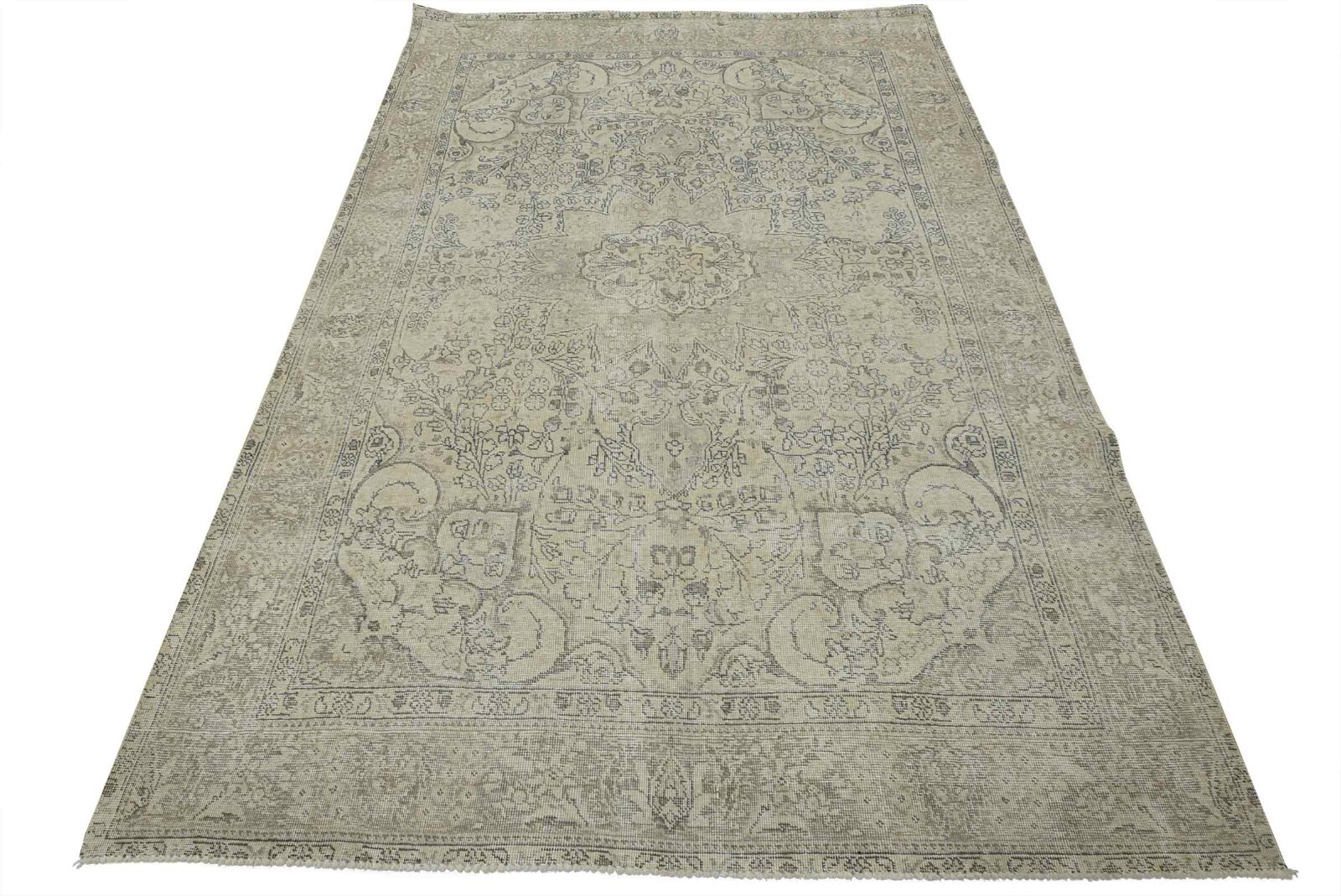 Vintage Oriental Rug 6’8” x 9’10” Beige Distressed Wool Hand-Knotted Carpet