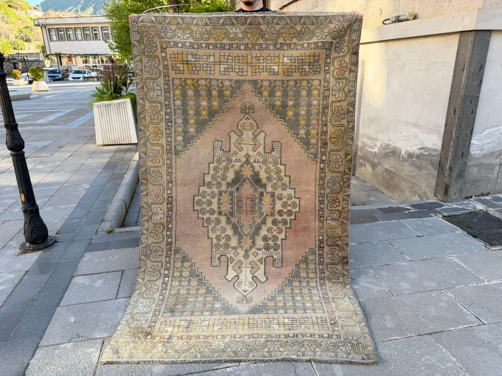 Anatolian Vintage Oushak Rug 4.1×6.8 ft Pastel Pink Beige Handmade Wool Carpet