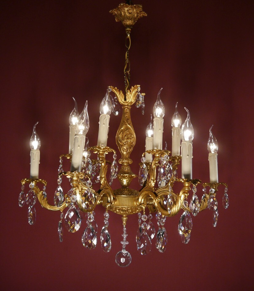 French Crystal Chandelier 12 Lights Gold Bronze Brass Ø26” Vintage