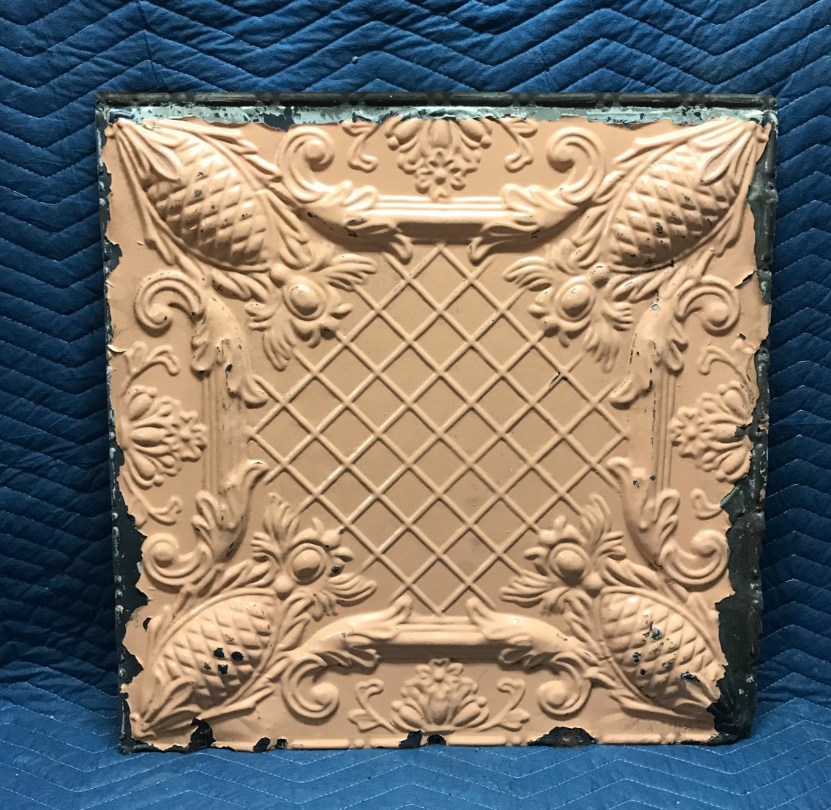 Antique Decorative Tin Metal Ceiling 2′ x 2′ Shabby VTG 24″ SQ Salmon 115-26B