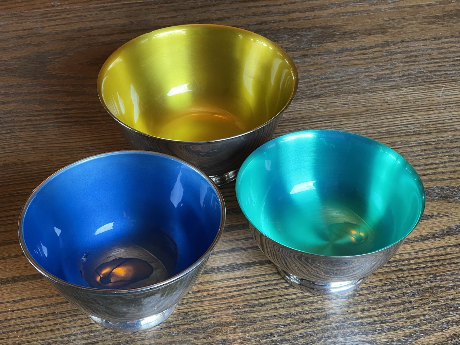 Lot of 3 Vintage Paul Revere Reproduction Silverplate Bowls Colored Enamel MCM