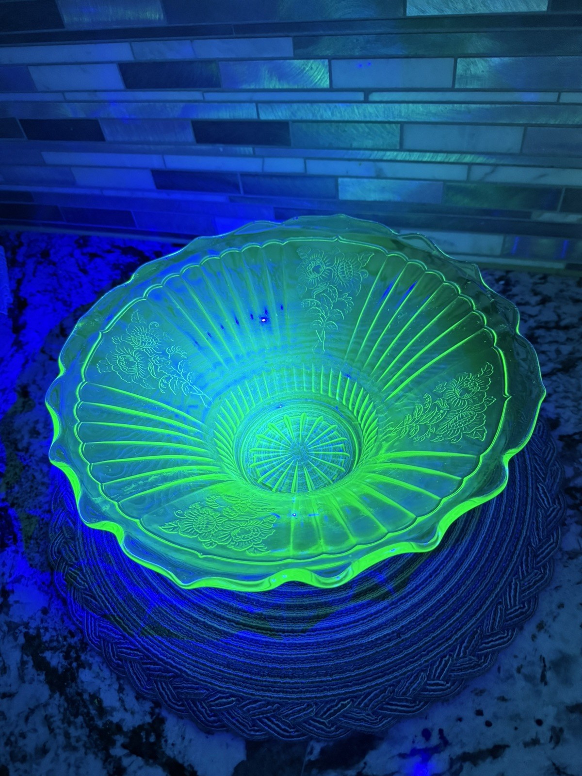 URANIUM Mayfair/Open Rose green depression glass flared bowl