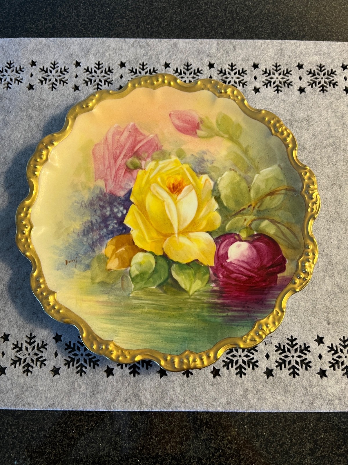 Antique Limoges France 9″ Rose Plate, LDB Flambeau & Coiffe Star Dual Marks