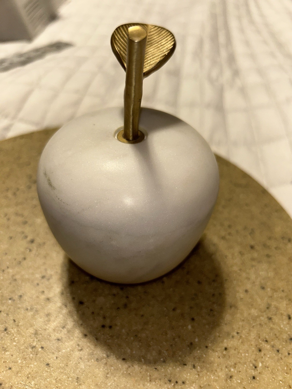 Anthropology white/gray Swirl solid marble and brass apple Leaf Paper Weight