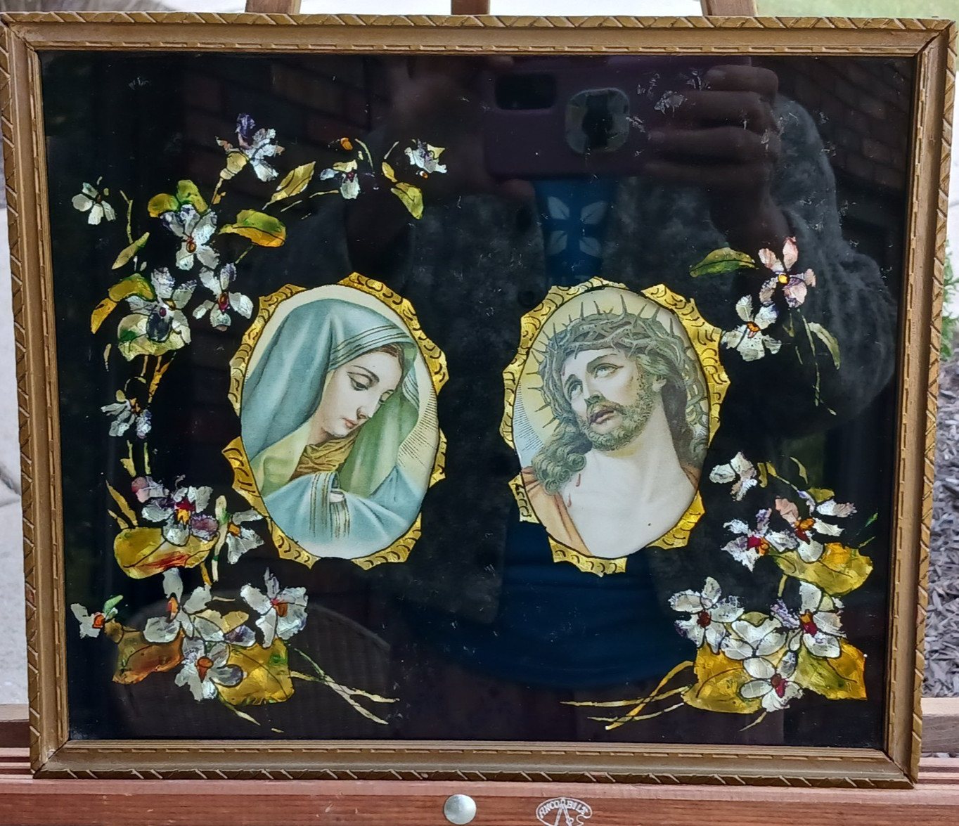 Rare Antique Jesus Mary Reverse Painting on Glass with Foil and Chromolithograph
