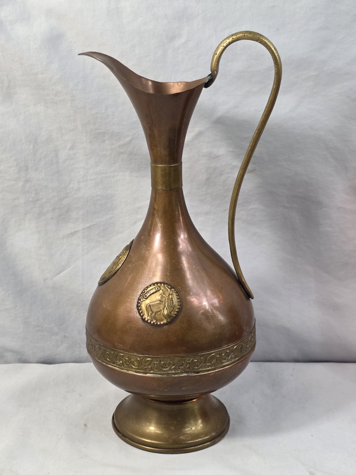 2 Vintage Artisanal Copper Brass Pitcher Ewer Embossed Brahma Bull Medallions B