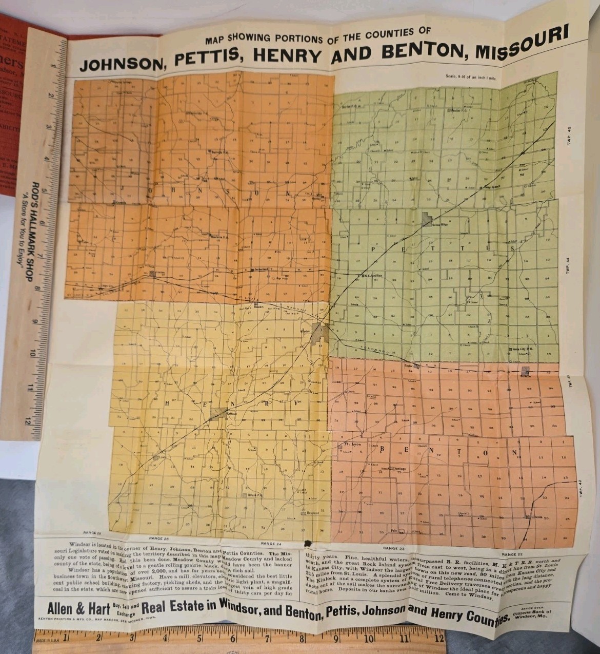 1904 Antique MO Map Johnson Pettis Henry Benton County Allen Hart Real Estate