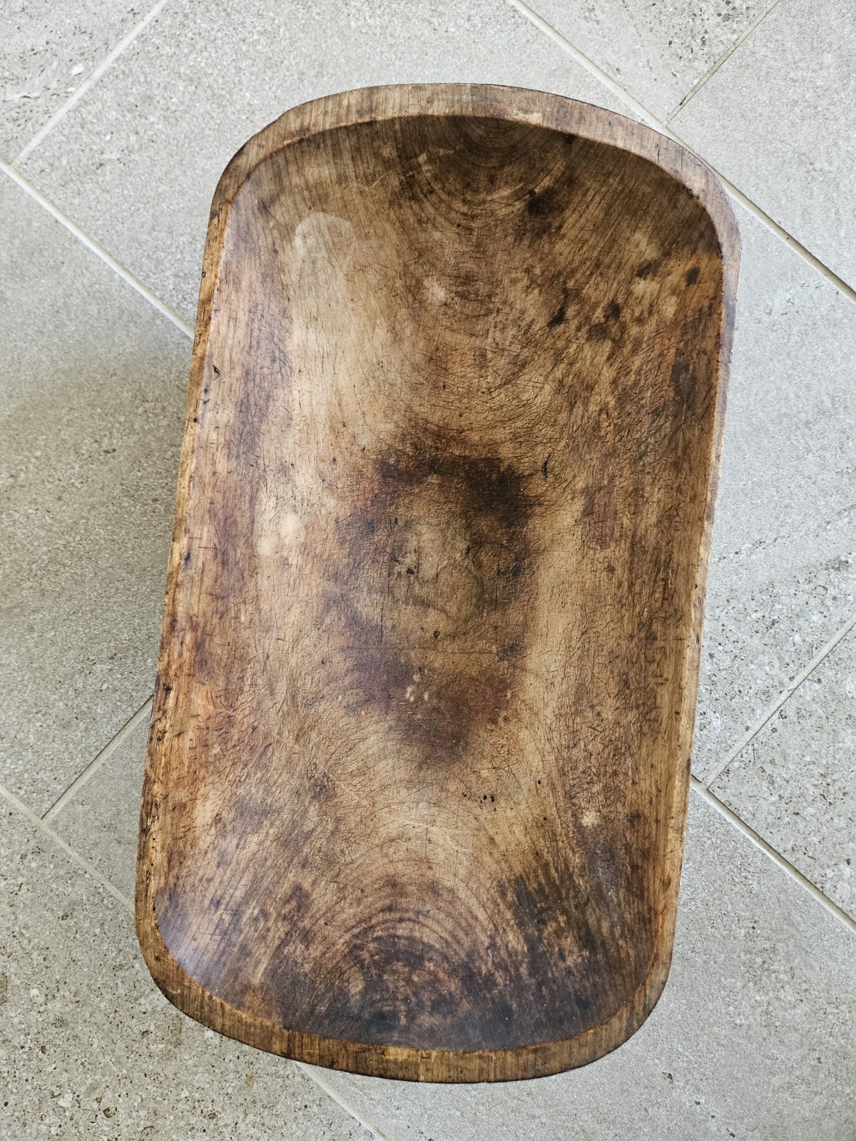 True Antique Hand Hewn Wooden Dough Bowl/Trencher 20″L X 11″W Nice Wear