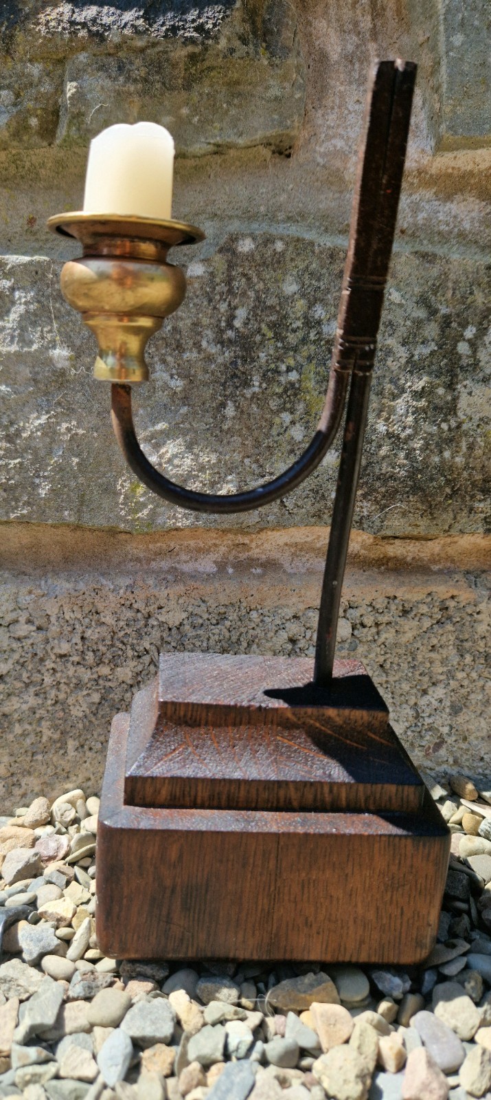 Antique wrought iron rushlight holder nip brass candlestick oak base