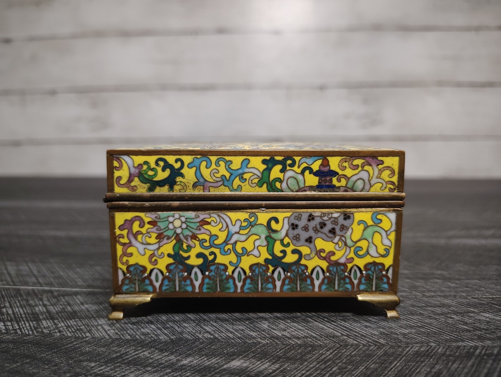 Antique Chinese Republic Yellow Canton Enamel Hinged Brass Trinket Jewelry Box