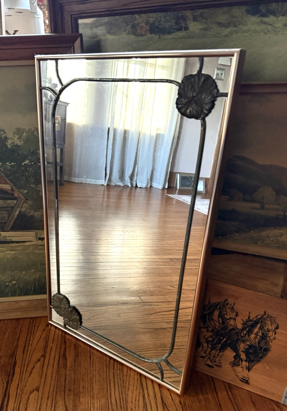 Vintage 80s Post Modern Regency Leaded Floral Rectangle Wall Mirror USA
