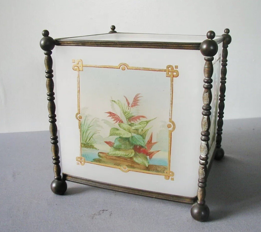 Antique Bronze Opaline Glass Cache Pot Tissue Box Jardiniere Chinoiserie Vase