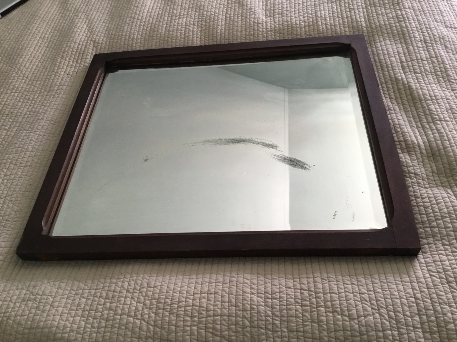 ANTIQUE VTG OAK? WOOD FRAMED BEVELED MIRROR WITH GHOSTING 26 1/2” X 22 1/2”