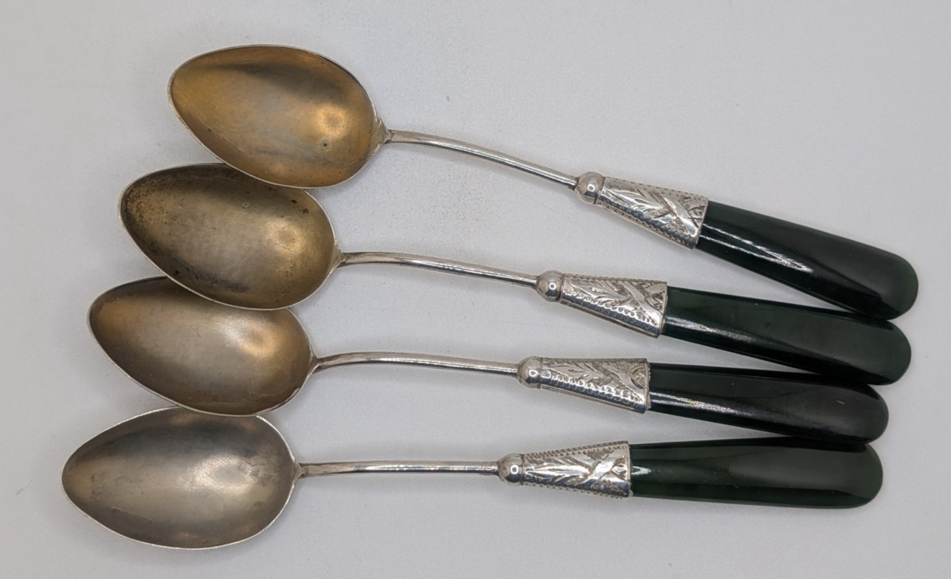 Set of 4 Antique English Gilt Sterling Silver and Jade Spoons, dated 1909