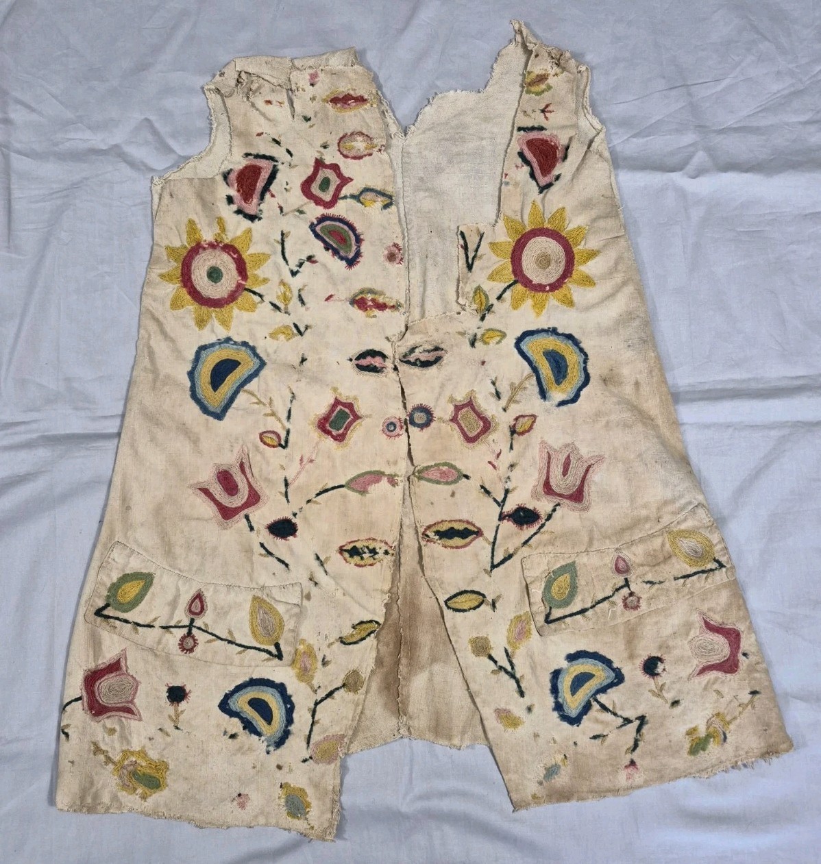 Antique 18th Century Folk Art Waistcoat – Linen w/Wool Thread Embroidery